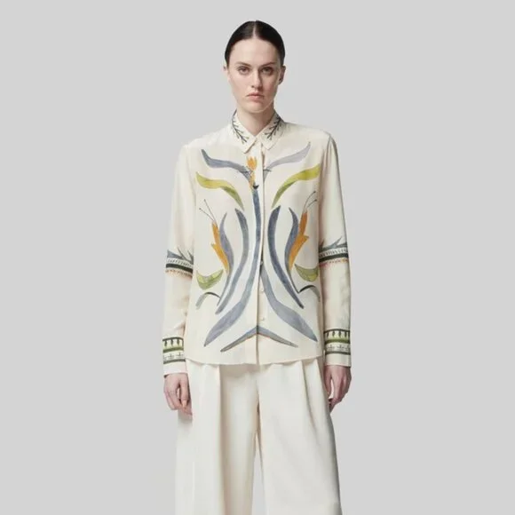 Altuzarra Chika Botanical Print Button Up Blouse Ivory Silk Size IT46 XL L $995